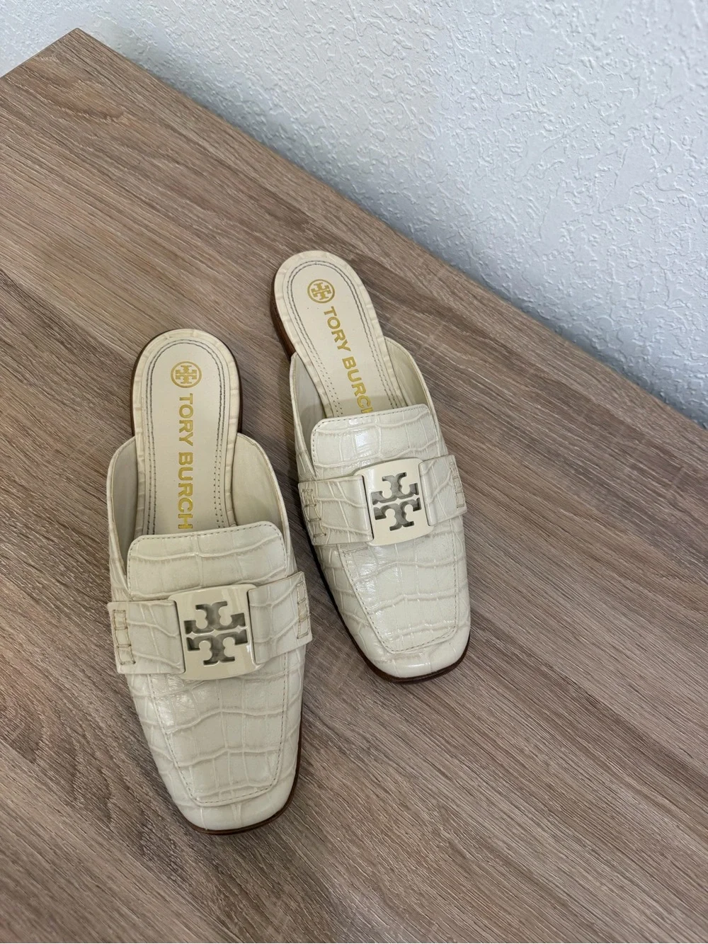 Tory Burch Cream Croc-Embossed Slip-On Mules with Logo